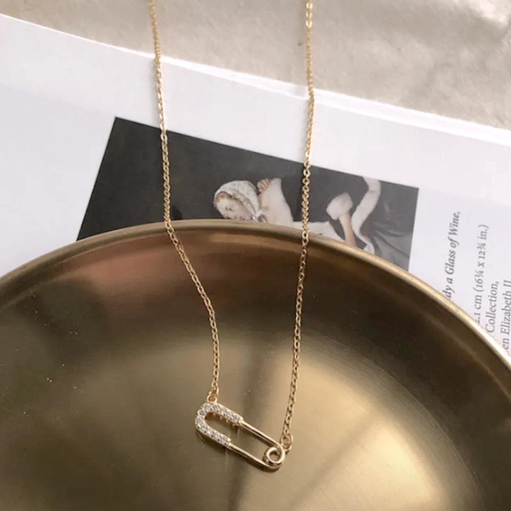 Diamond Covered Gold Safety Pin Charm Necklace